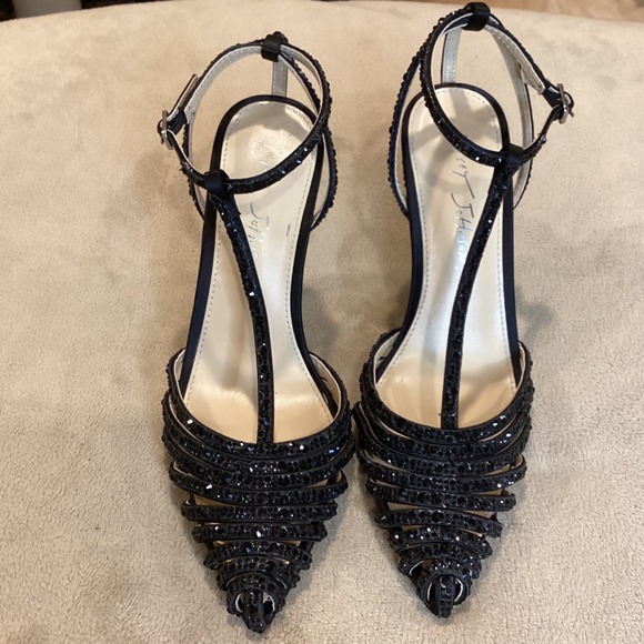 Betsey Johnson "Ali" Gorgeous Black Satin Rhinestone Strappy Heels, Size US 6.5 - Picture 1 of 9